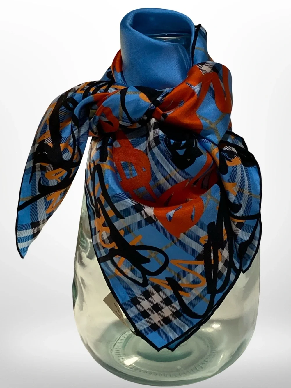 Burberry Blue and Orange Plaid Silk Scarf with Black Accents
